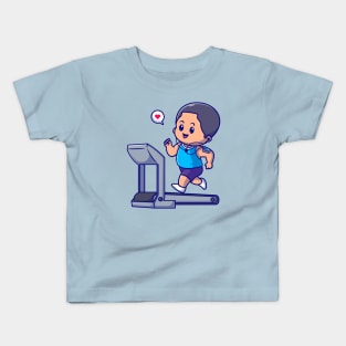 Cute Boy Running On Treadmill Cartoon Kids T-Shirt